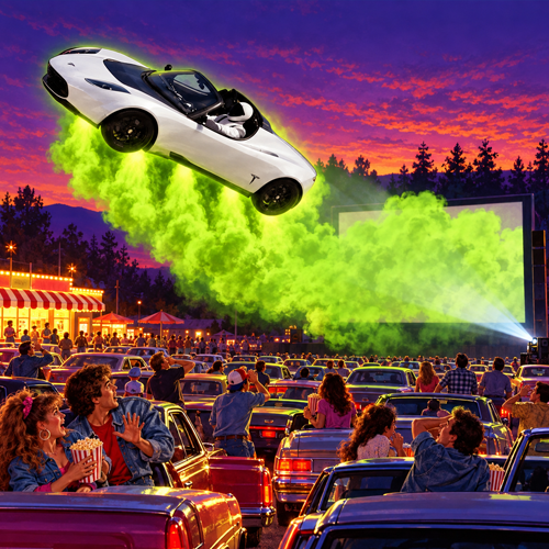 Farting Tesla Roadster crashing a drive-in movie night