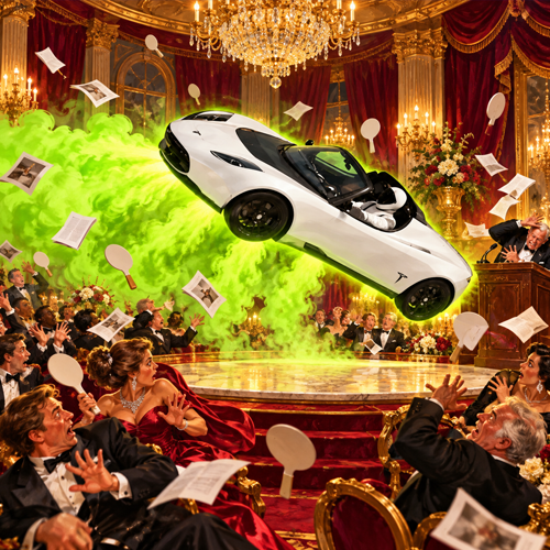 Roadster blasting through a formal ballroom with a neon green cloud